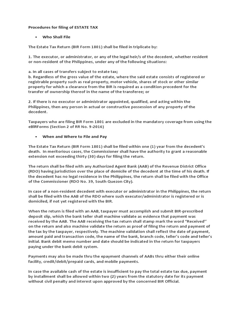 Philippine Estate Tax Filing Guide | PDF | Estate Tax In The United ...