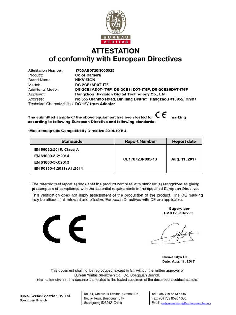 Ce Certificate 1788ab0728n005025 Color Camera Ds-2ce16d0t-It5 Class A ...