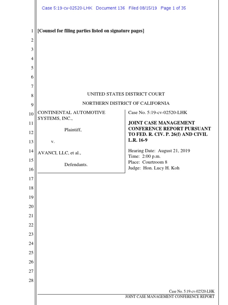 190815 Joint Case Management Statement PDF Discovery (Law