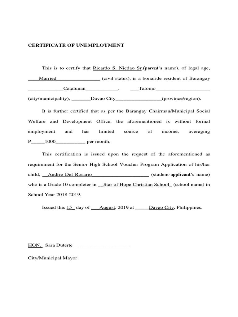 Municipal Unemployment Certificate Sample | PDF | Business | Social Science