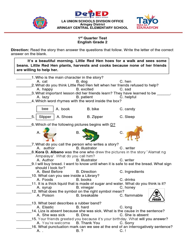 Grade 2 English 1st Quarter Exam | PDF