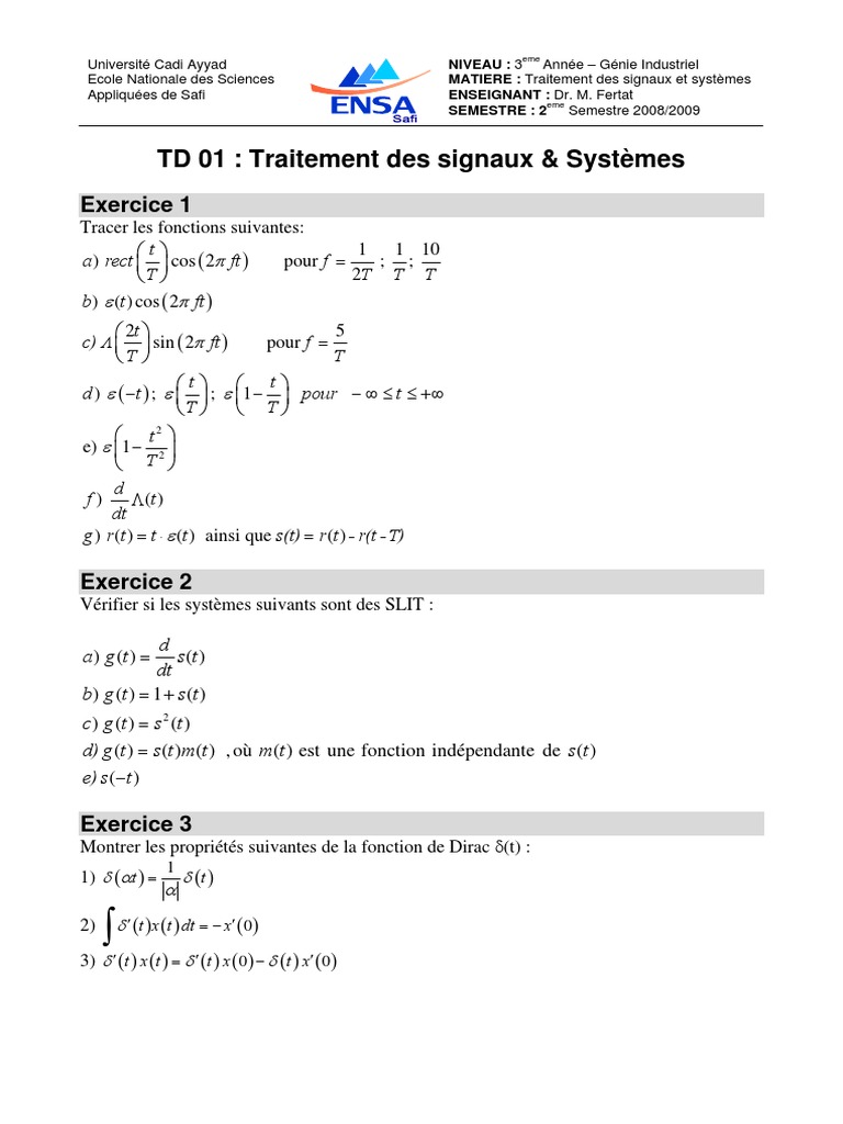 Td01 S2 08 09 Traitement De Signal Pdf Objets Mathematiques Enseignement Des Mathematiques