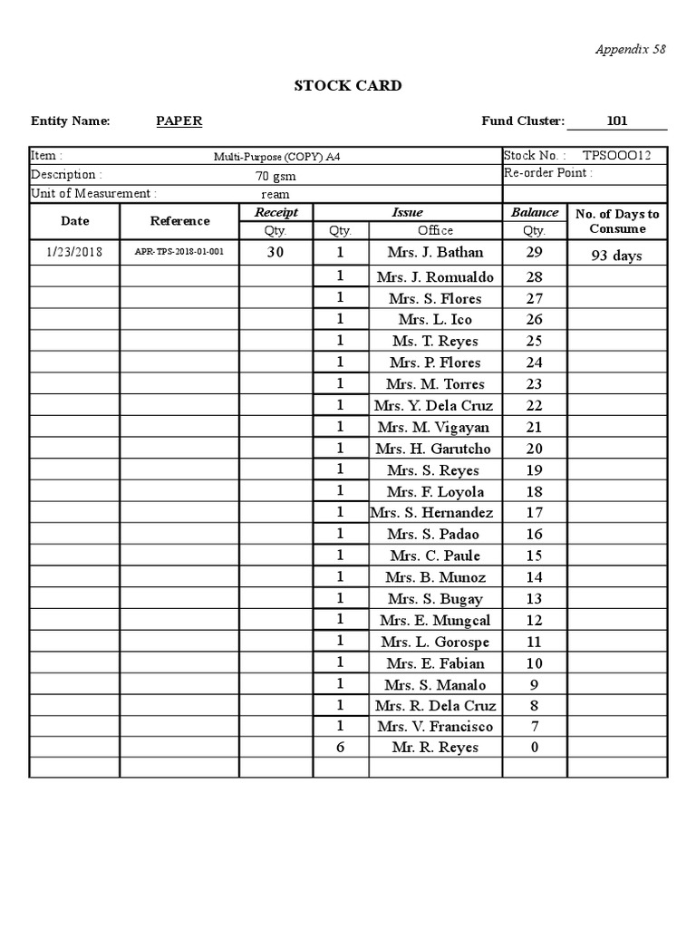 Stock Card Entity Name Paper Fund Cluster 101