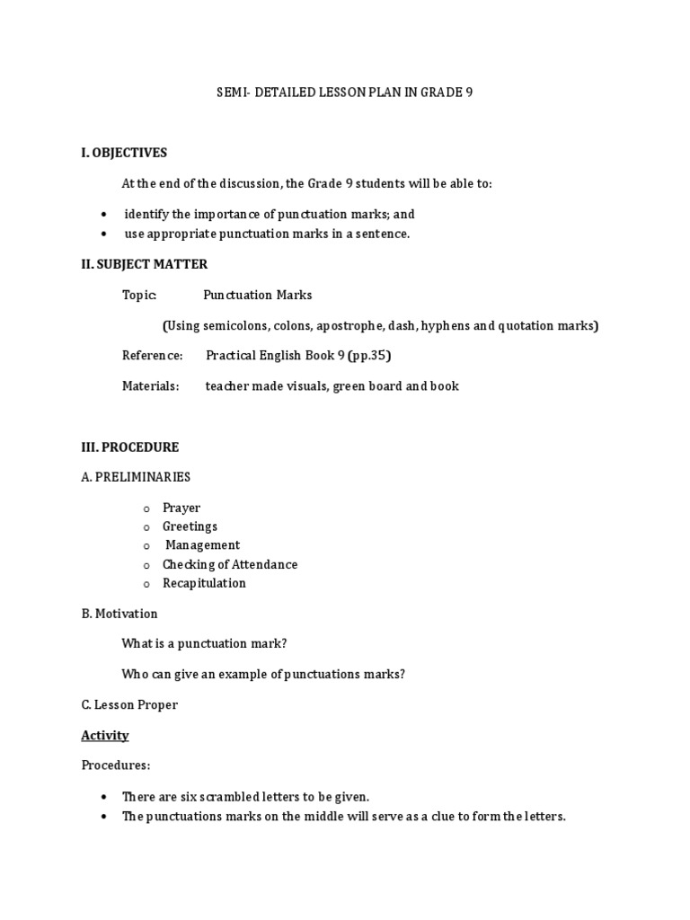 Lesson Plan Punctuation Lesson Plan