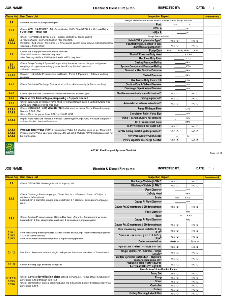 Fire Pump Checklist PDF Pump Valve