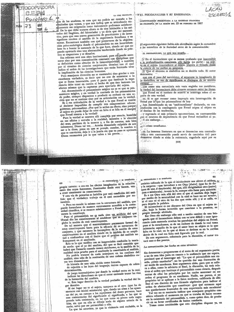 LACAN (1957) El Psicoanálisis y Su Enseñanza | PDF
