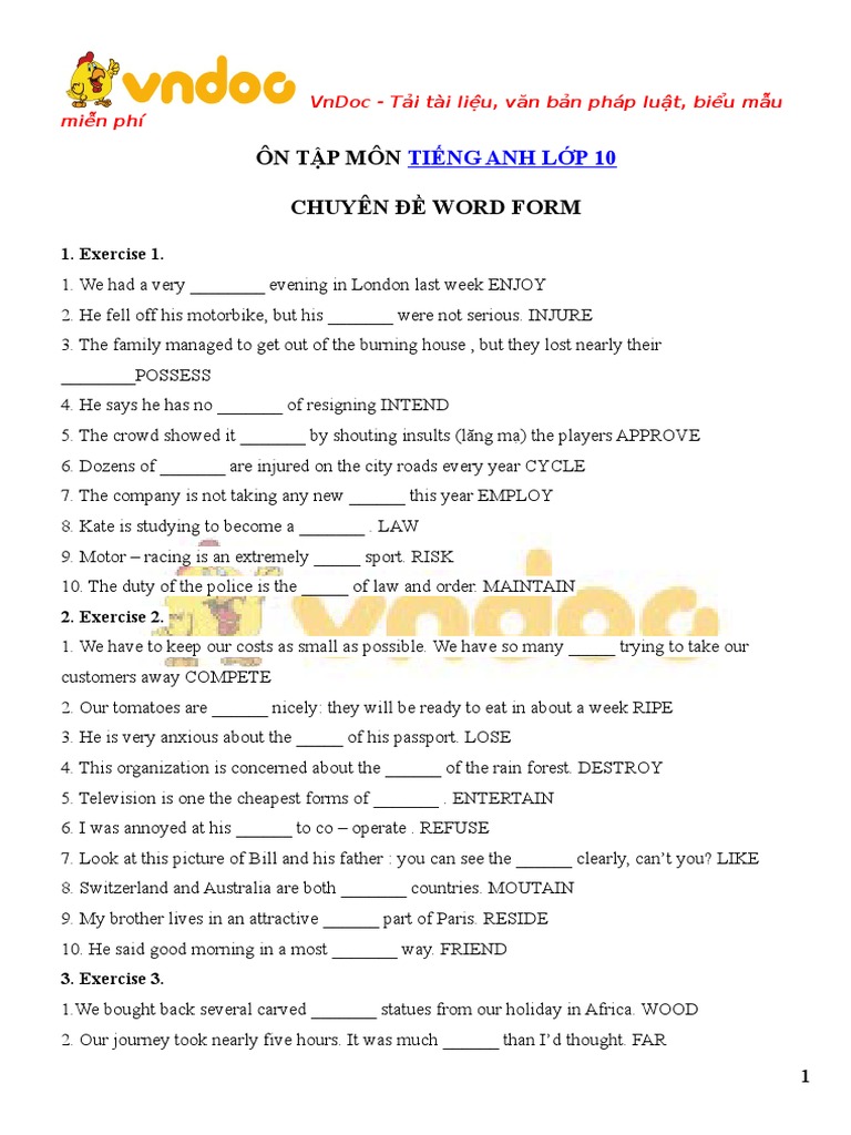 Bai tap word form lop 10 co dap an pdf