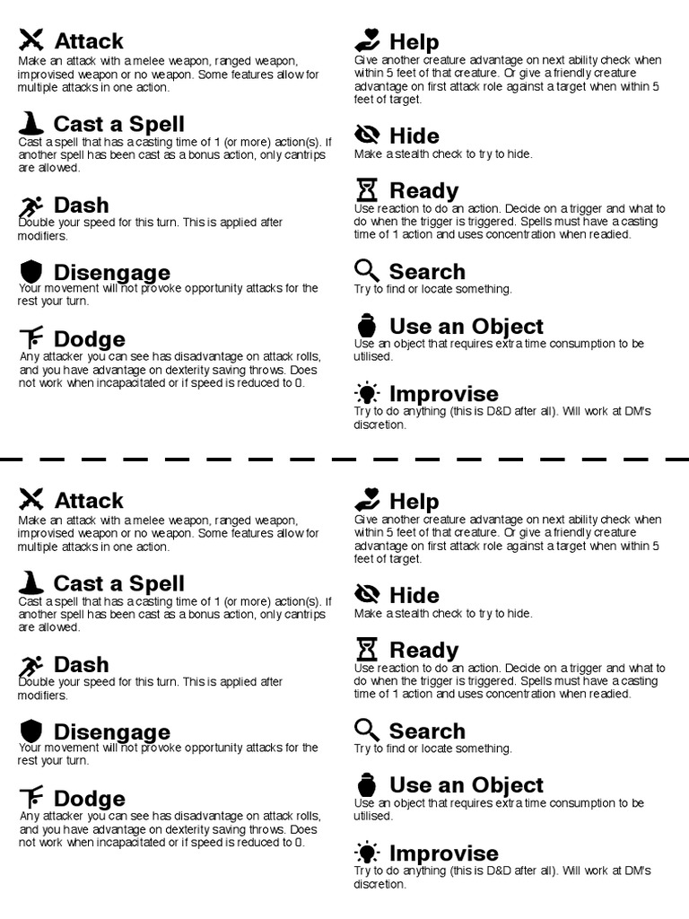D&amp;D 5E Combat Actions Cheat Sheet | PDF | Gaming | Leisure