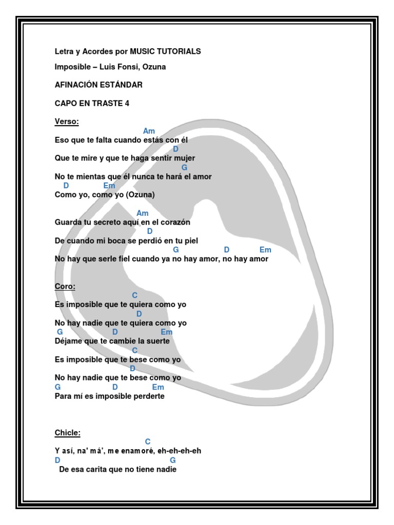 Imposible Luis Fonsi Ozuna Letra y Acordes by MUSICTUTORIALS | PDF |  Entretenimiento (general), image size:768x1024
