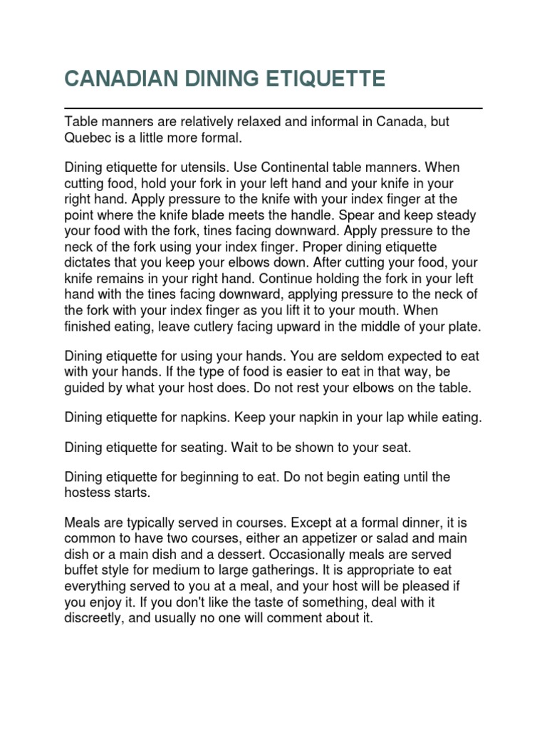Canadian Dining Etiquette PDF Beverages Foods