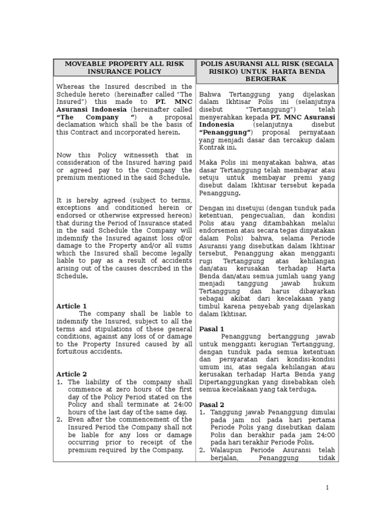 Polis Asuransi Harta Bergerak All Risk | PDF