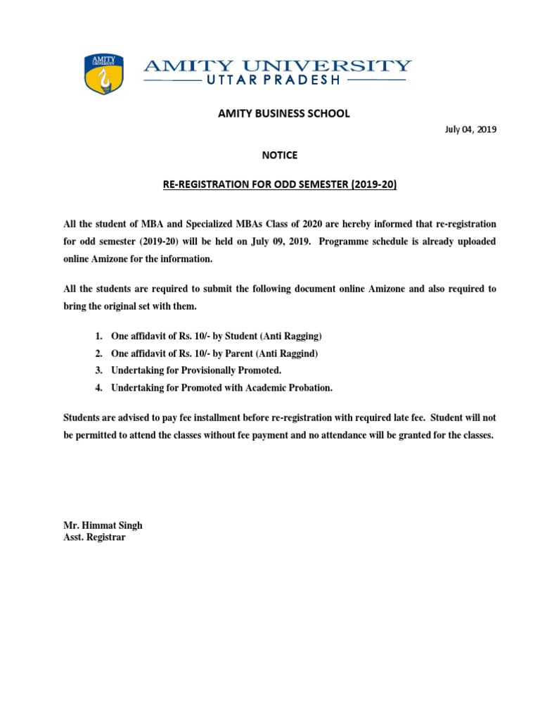MBA Odd Semester Re-Registration Notice | PDF