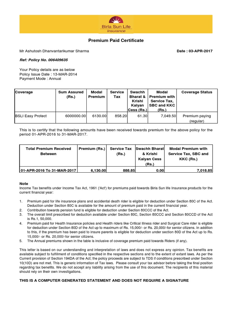 Premium Paid Certificate Ref Policy No. 006409635 PDF Insurance