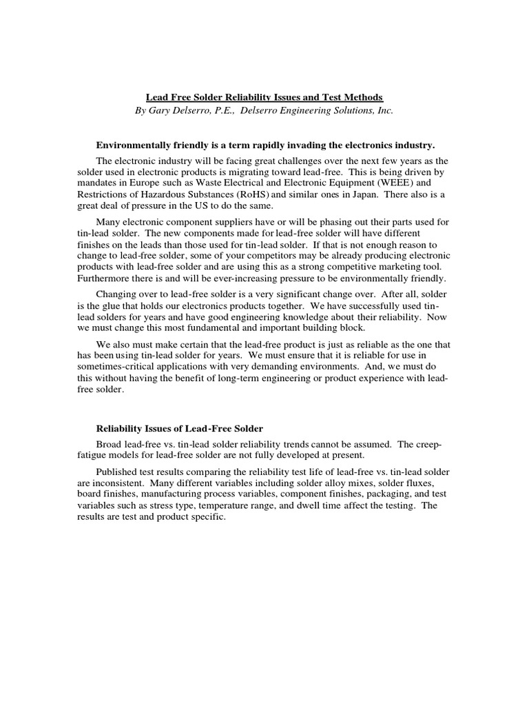 Lead Free Solder Reliability Issues Test Methods PDF Solder Soldering