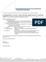 Subject: Application For The Post of Quantity Surveyor/ Estimation Engineer