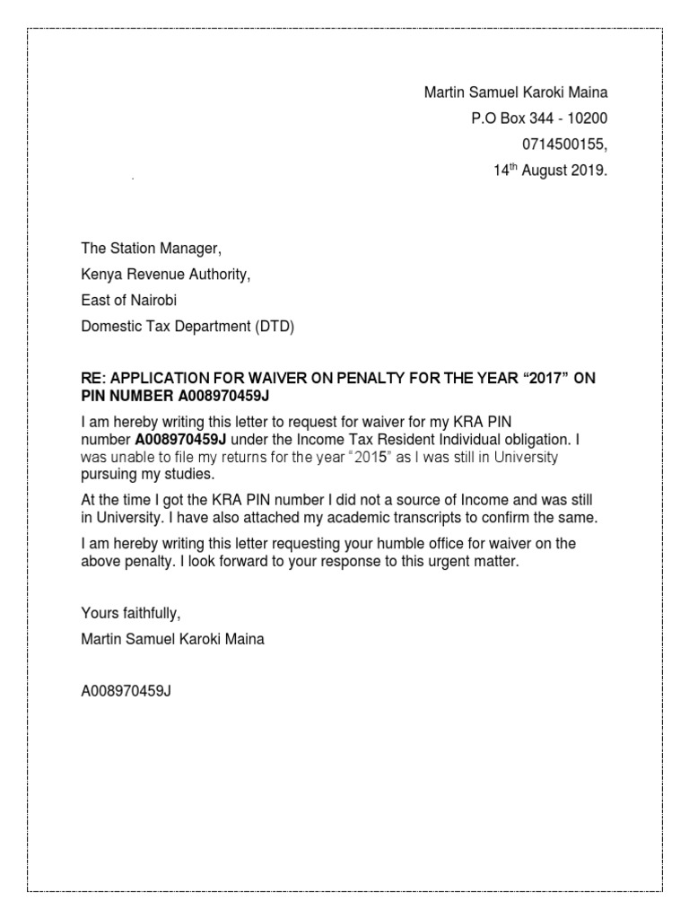 Kra Waiver Letter Pdf
