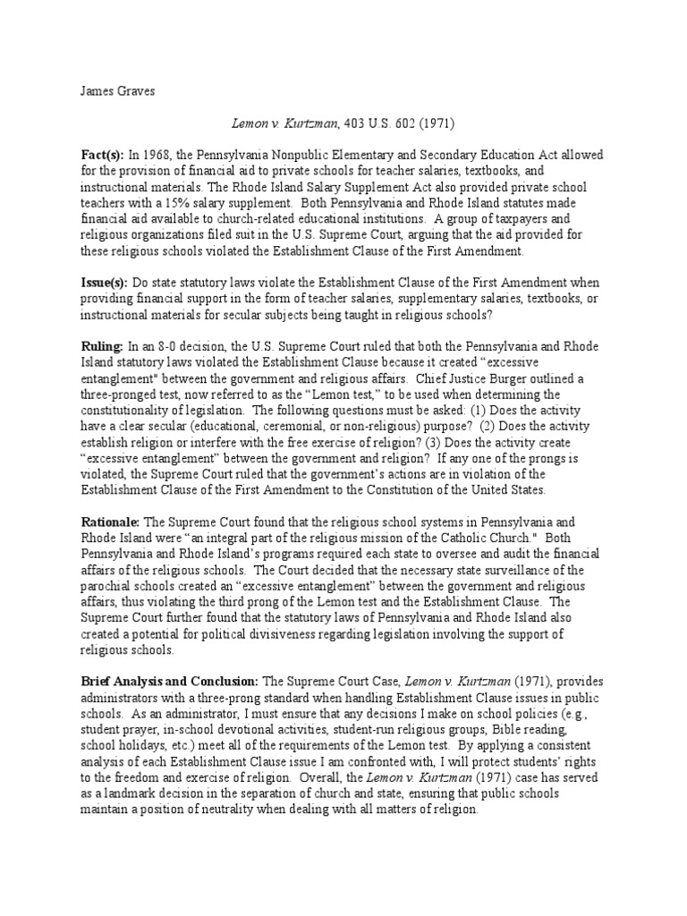 Legal Brief Analysis 2 James Graves PDF PDF Establishment Clause
