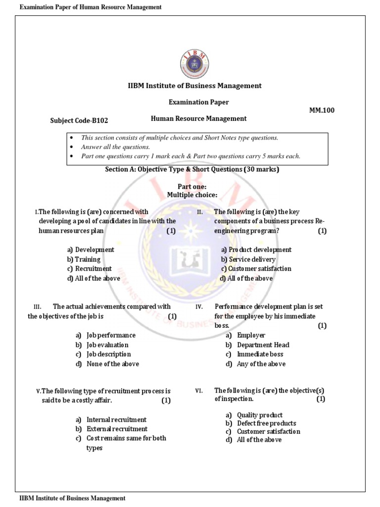 HR Management Exam Paper with Answers | PDF | Human Resource Management ...