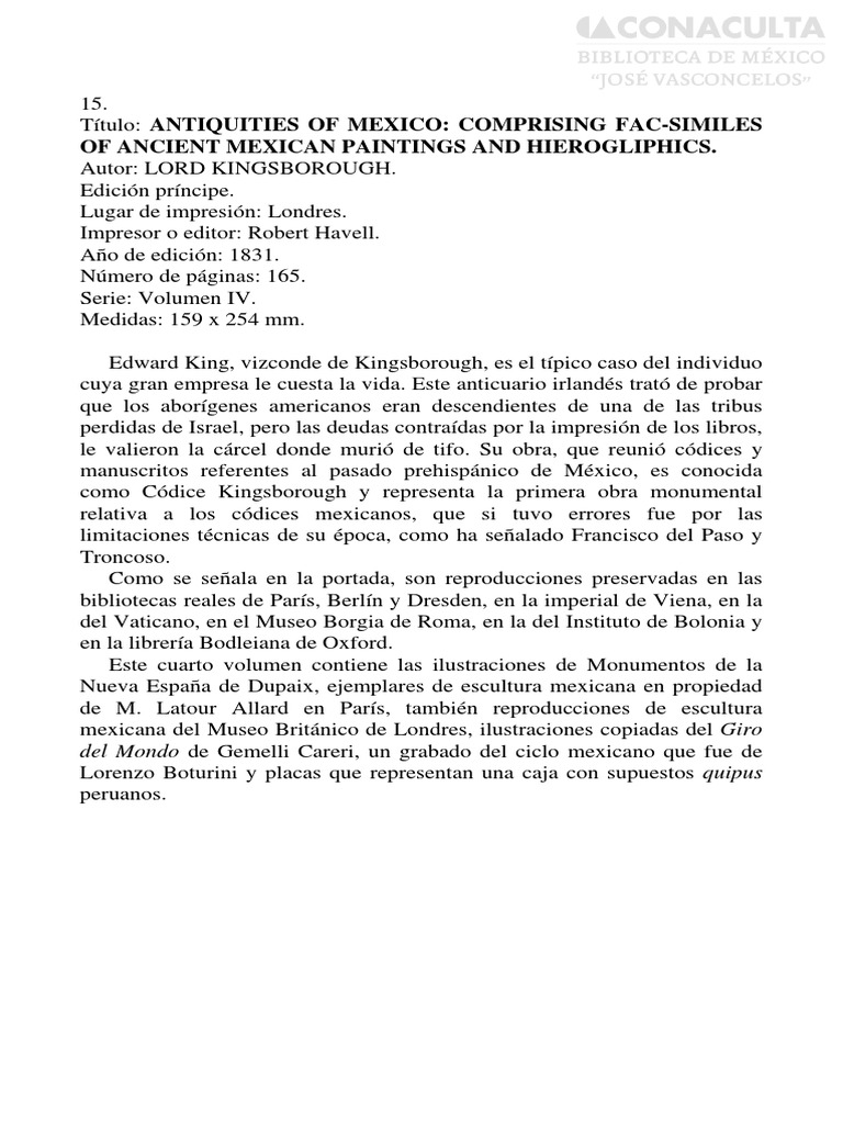 Antiquities of Mexico 1831, Lord KingsBorough, Versión Facsimilar PDF Manuscrito Escritura