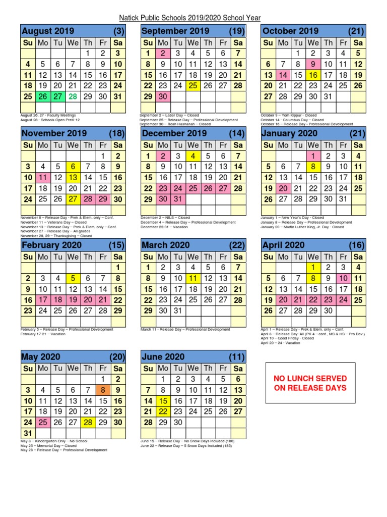 Natick Public School 2019-20 Calendar | Holidays | Immunology