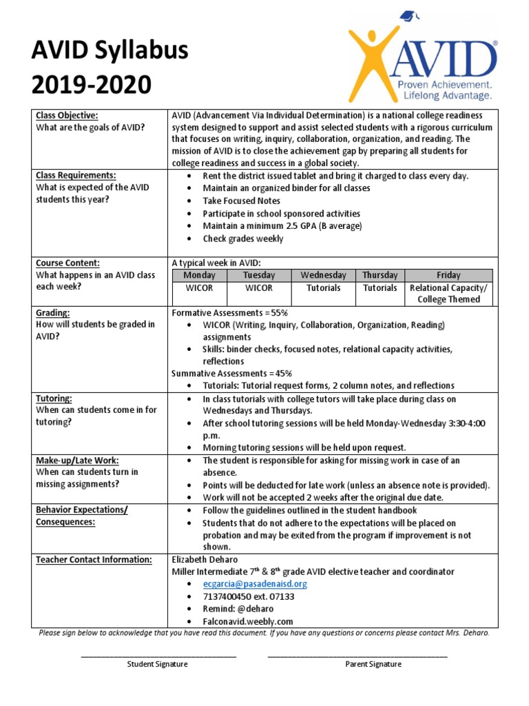 AVID Syllabus Overview 2019-2020 | PDF | Behavior Modification | Learning