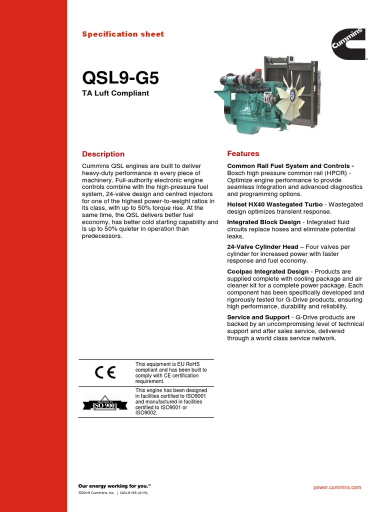 Specification Sheet (Template) CUMMINS QSL9 G5 PDF Engines Vehicle Parts