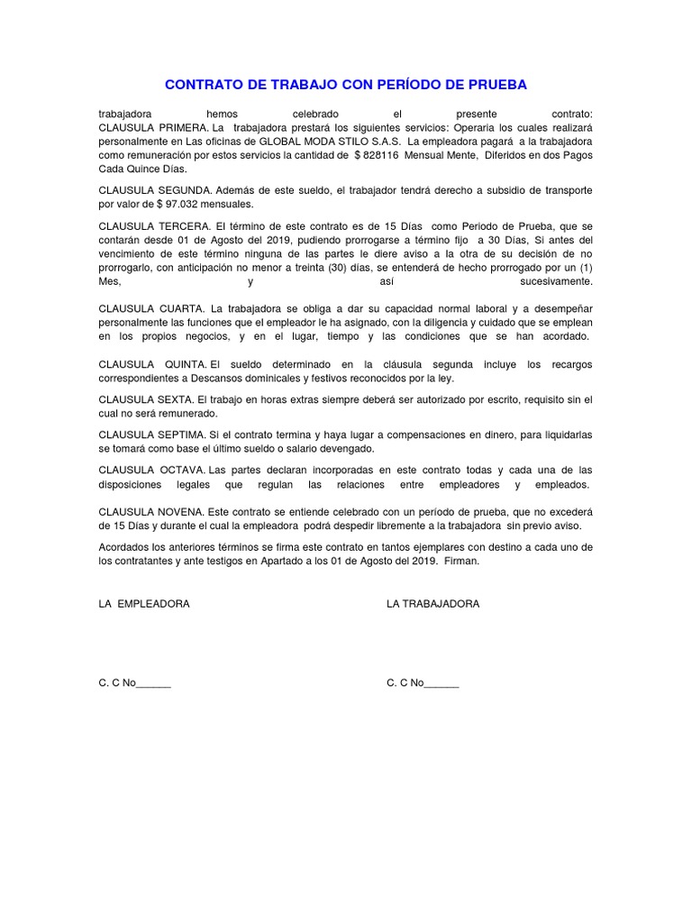 Contrato De Trabajo Con Período De Prueba Salario Salario de emisión de contrato
