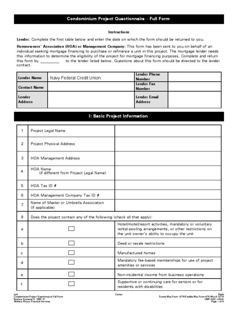 Fannie Mae Full Condo Questionnaire Form | PDF | Condominium | Freddie Mac