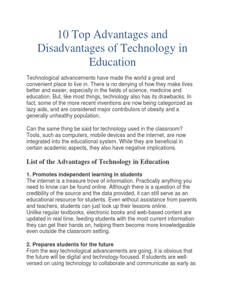 10 Top Advantages and Disadvantages of Technology in Education | PDF ...