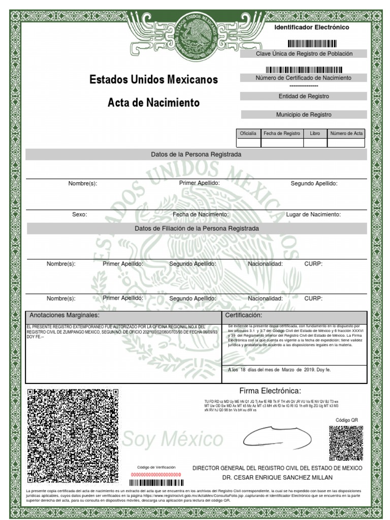 Acta de Nacimiento en Blanco Privacidad