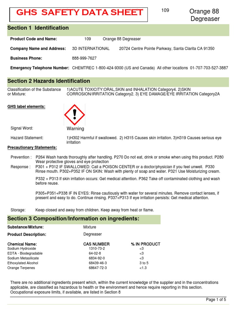 Ghs Safety Data Sheet Section 1 Identification PDF Volatile
