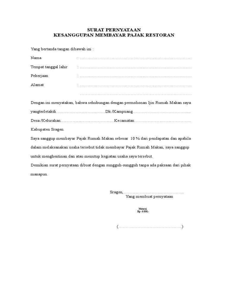 Contoh Surat Kesanggupan Membayar Pajak