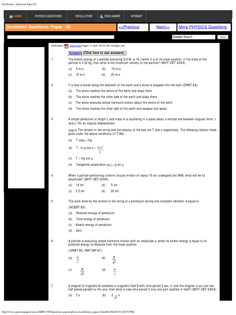 Oscillation Question Paper 02 PDF PDF Temporal Rates Physics