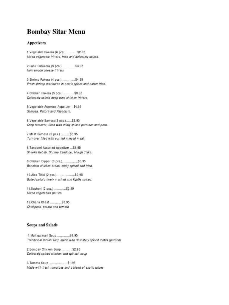 Bombay Sitar Menu PDF Curry Indian Cuisine