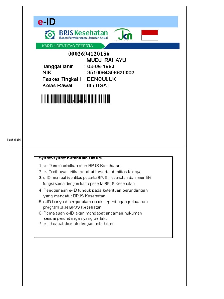 Contoh Kartu BPJS Kesehatan e-ID | PDF | Ilmu Sosial