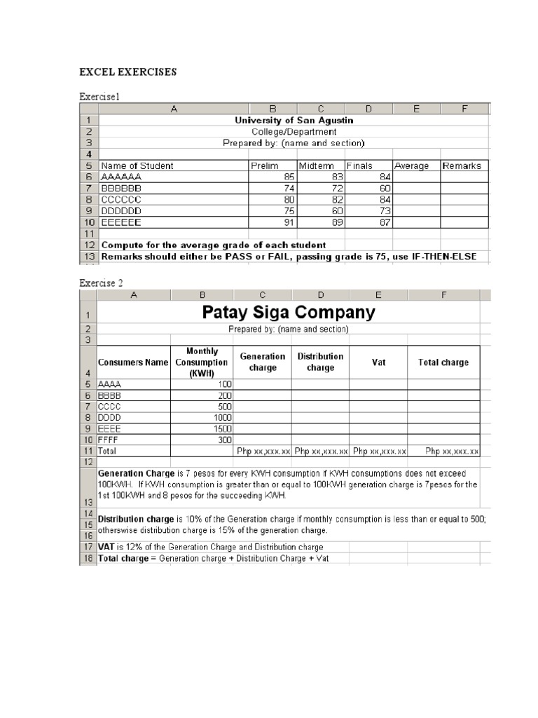 Excel Exercises | PDF