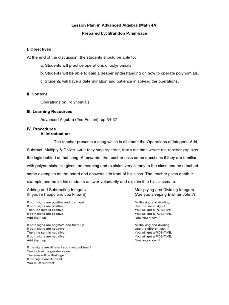 Operations on Polynomials Lesson Plan | PDF | Polynomial | Algebra