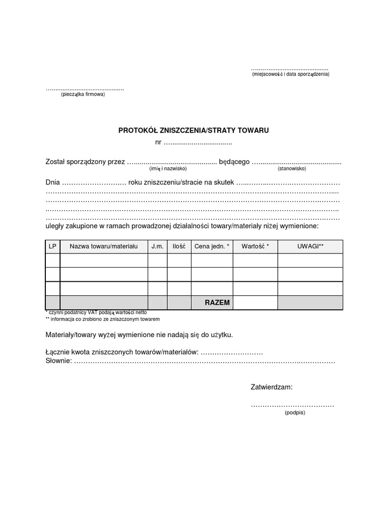 Protokół Zniszczenia Towaru - Wzór
