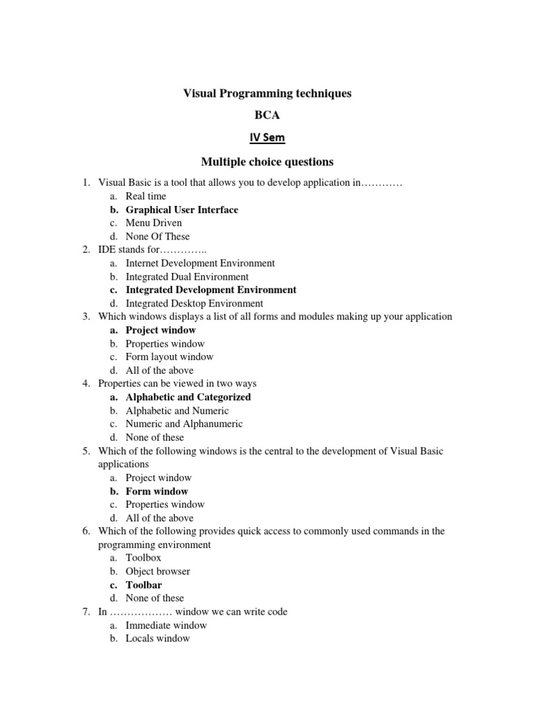 BCA Visual Programming MCQs | PDF | Control Flow | Databases