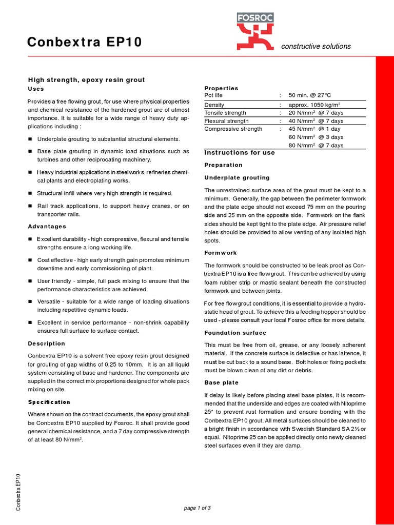 Conbextra EP10 High Strength, Epoxy Resin Grout PDF Epoxy Concrete