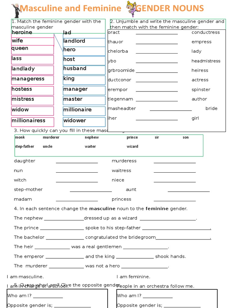 Nouns Gender Crosswords Oneonone Activities 70110 PDF Grammatical 