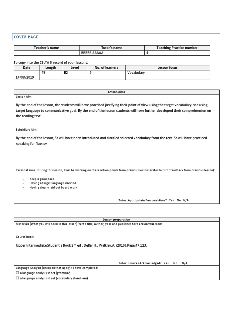 Celta Lesson Plan Pdf Second Language Tutor