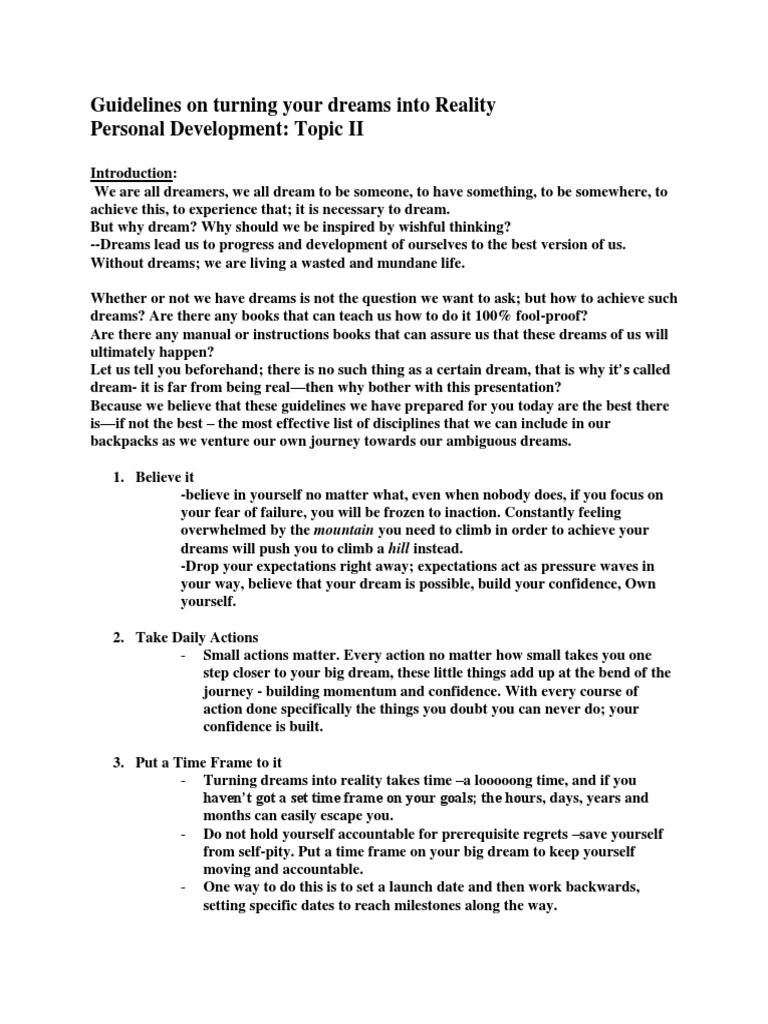 Guidelines On Turning Your Dreams Into Reality Pdf Dream Motivation