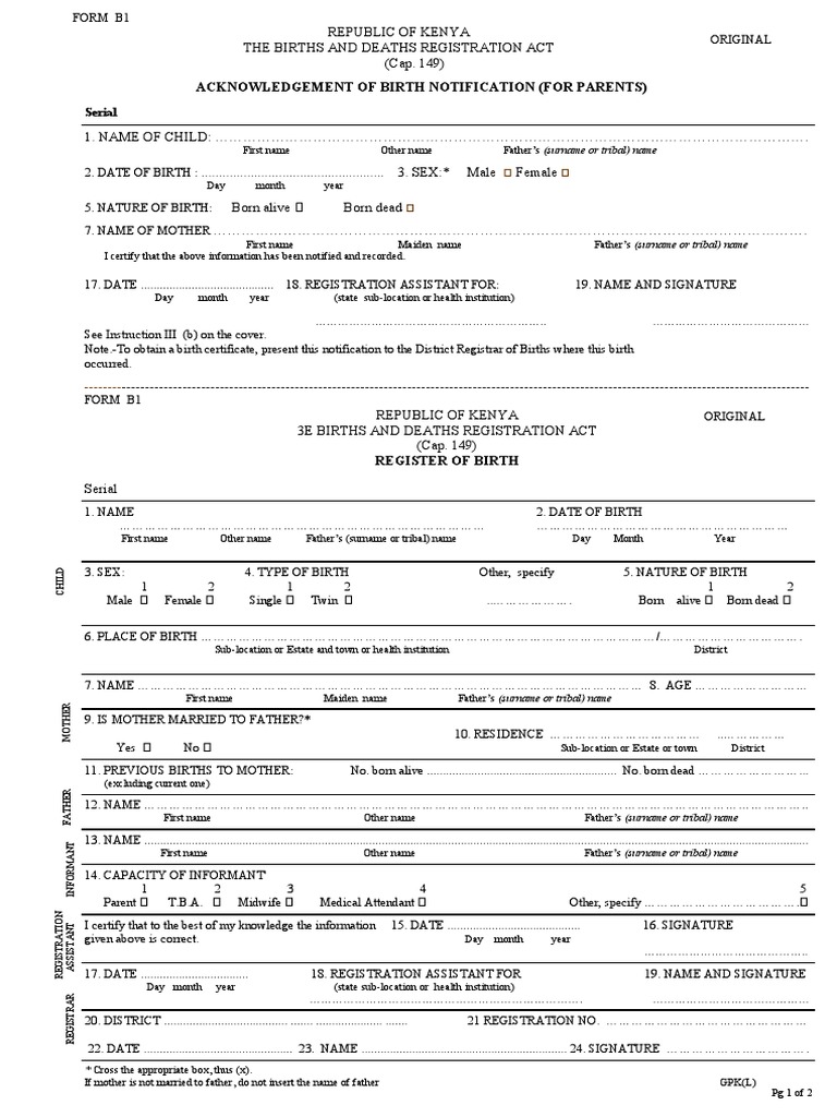 Kenya Birth Registration Form B1 | PDF | Birth Certificate | Social ...