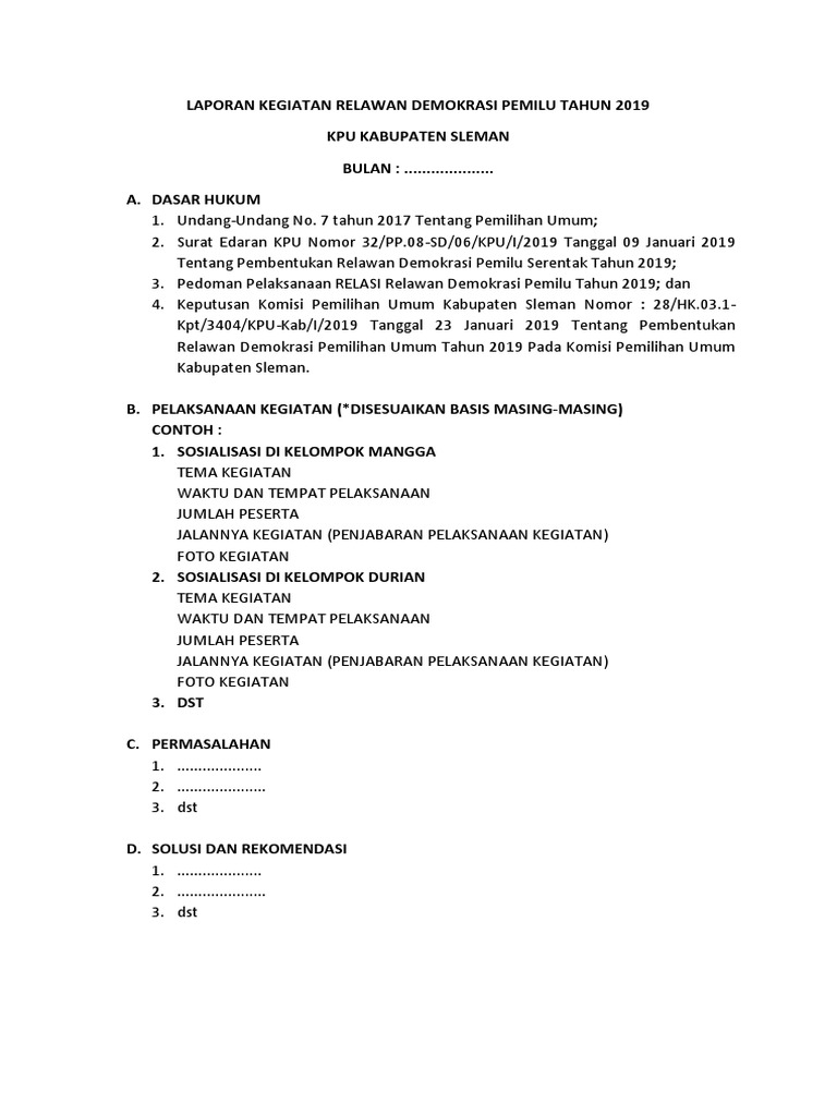 Format Laporan Kegiatan Relawan Demokrasi Pemilu Tahun 2019