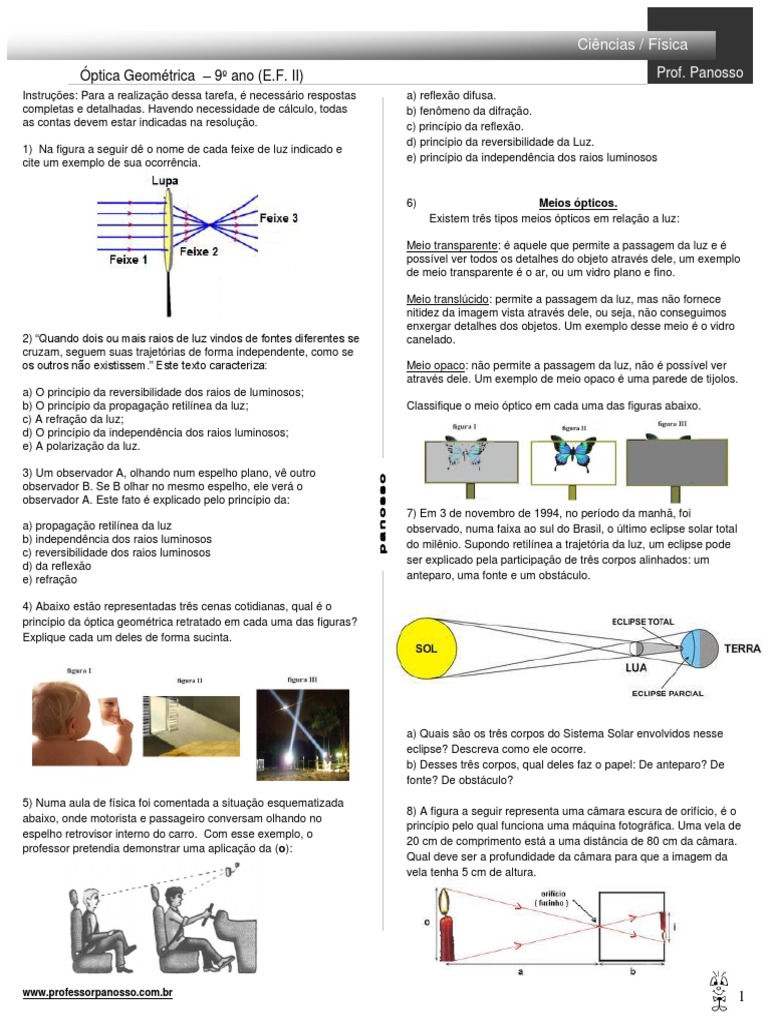 Exercícios de Óptica Geométrica - 9º Ano | PDF | Ótica | Reflexão (Física)