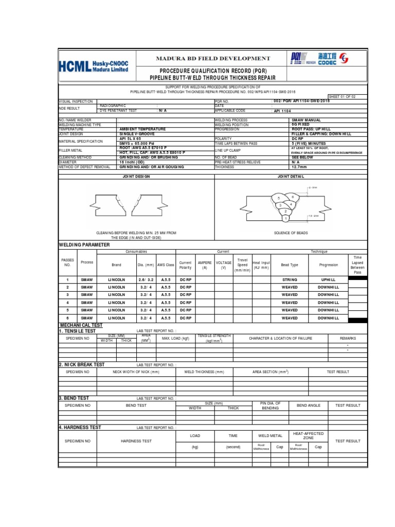Procedure Qualification Record (Pqr) Pipeline ButtWeld Through