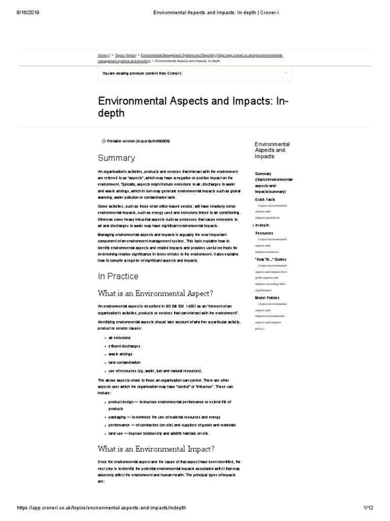 Environmental Aspects and Impacts - In-Depth - Croner-I | PDF ...