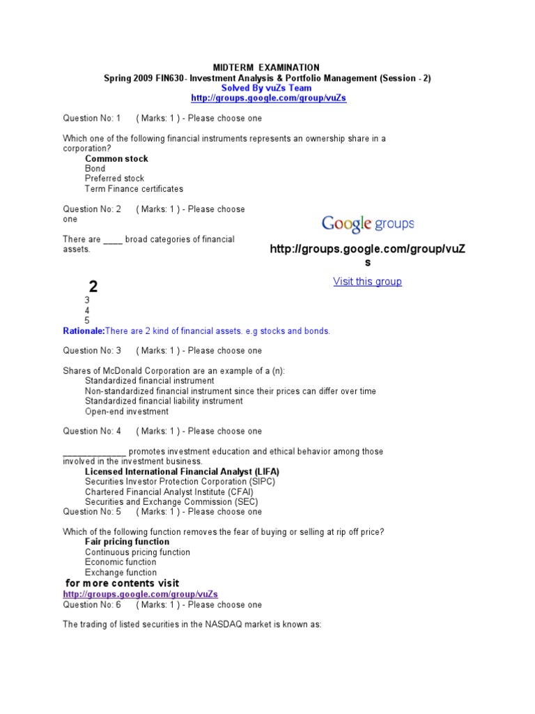 Solved by Vuzs Team Midterm Examination Spring 2009 Fin630Investment Analysis & Portfolio