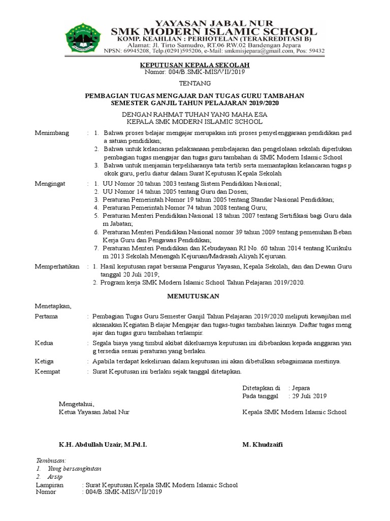 Konsep Dan Contoh Sk Mengajar Guru Smk Mis 2019 2020 Docx